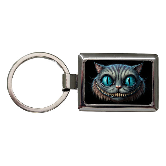 Creepy Cheshire Cat Grin on Black Rectangle Metal Keychain