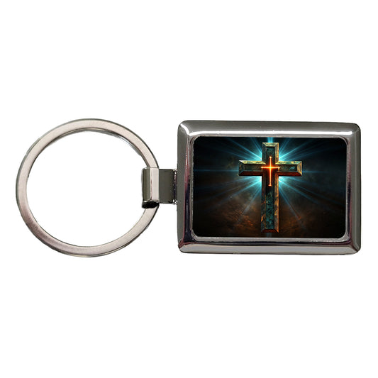 Cross On A Dark Background Religious Rectangle Metal Keychain