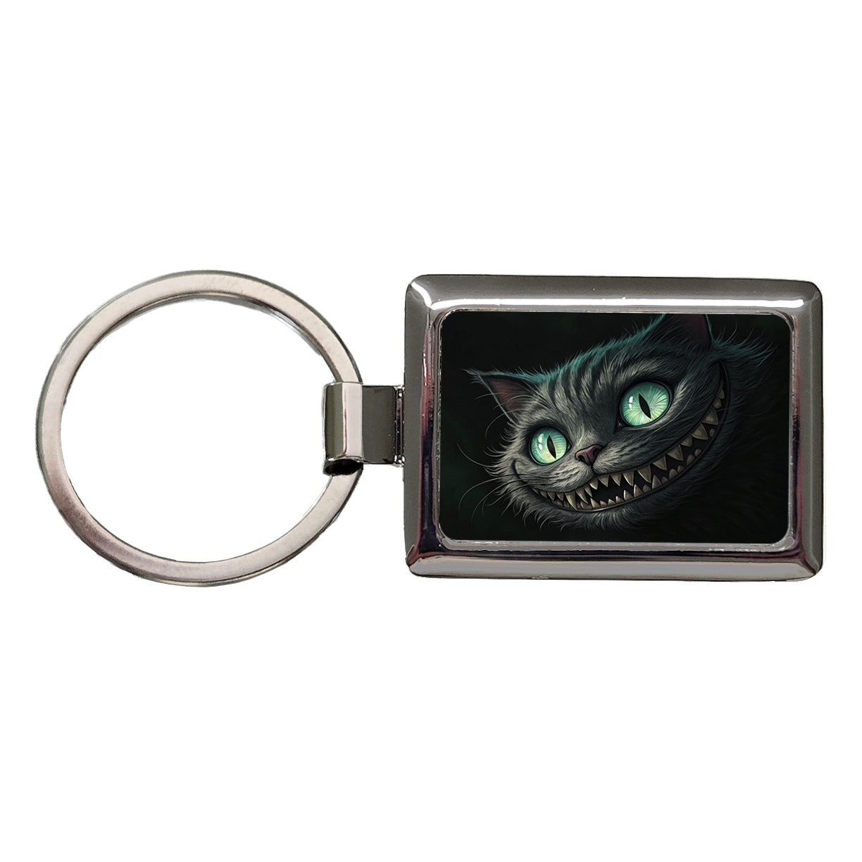 Evil Cheshire Cat Grinning On Black Rectangle Metal Keychain