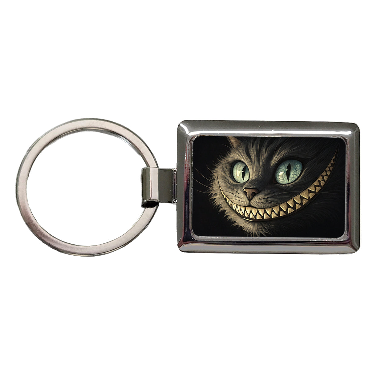 Funny Cheshire Cat Grin on Black Rectangle Metal Keychain