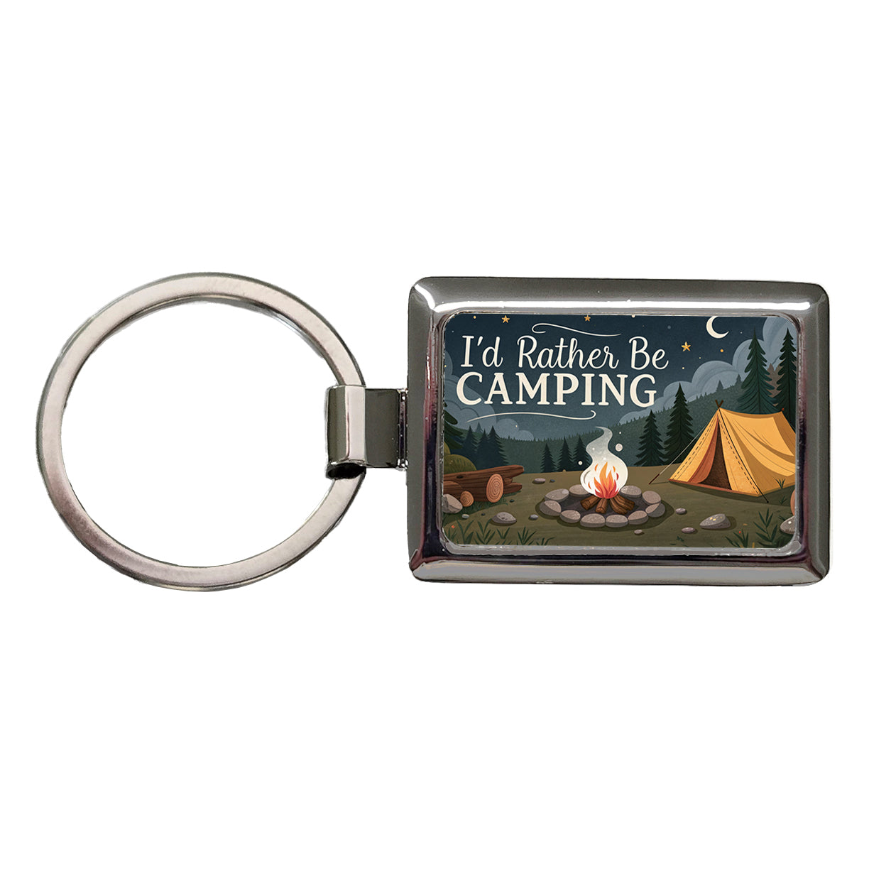 I'd Rather Be Camping Campfire Tent Rectangle Metal Keychain