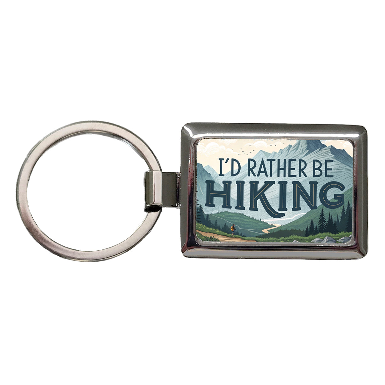 I'd Rather Be Hiking Trails Mountains Rectangle Metal Keychain