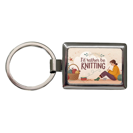 I'd Rather Be Knitting Basket of Yarn Rectangle Metal Keychain