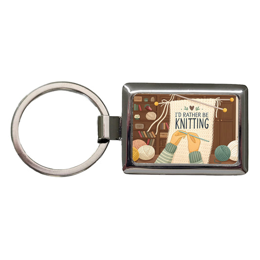 I'd Rather Be Knitting Knit Yarn Needles Rectangle Metal Keychain