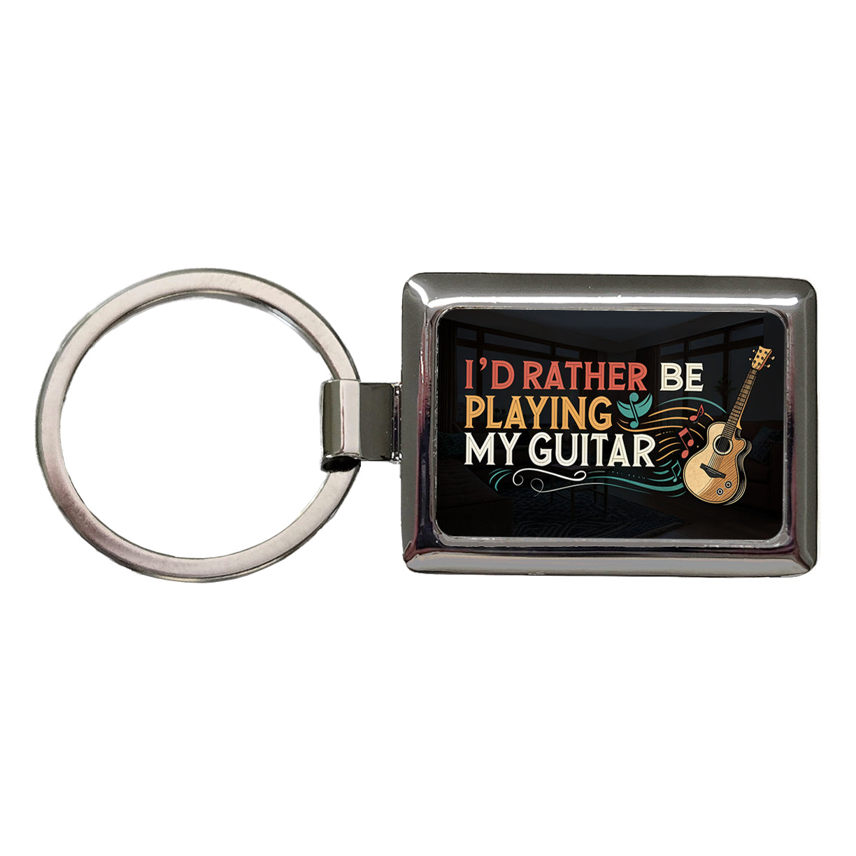 I'd Rather Be Playing My Guitar Acoustic Rectangle Metal Keychain