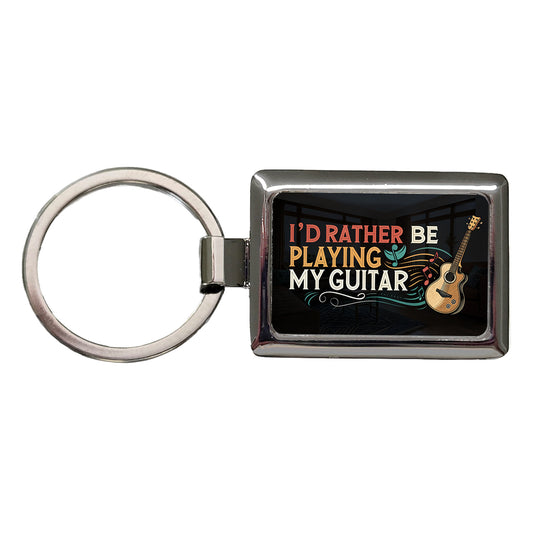 I'd Rather Be Playing My Guitar Acoustic Rectangle Metal Keychain