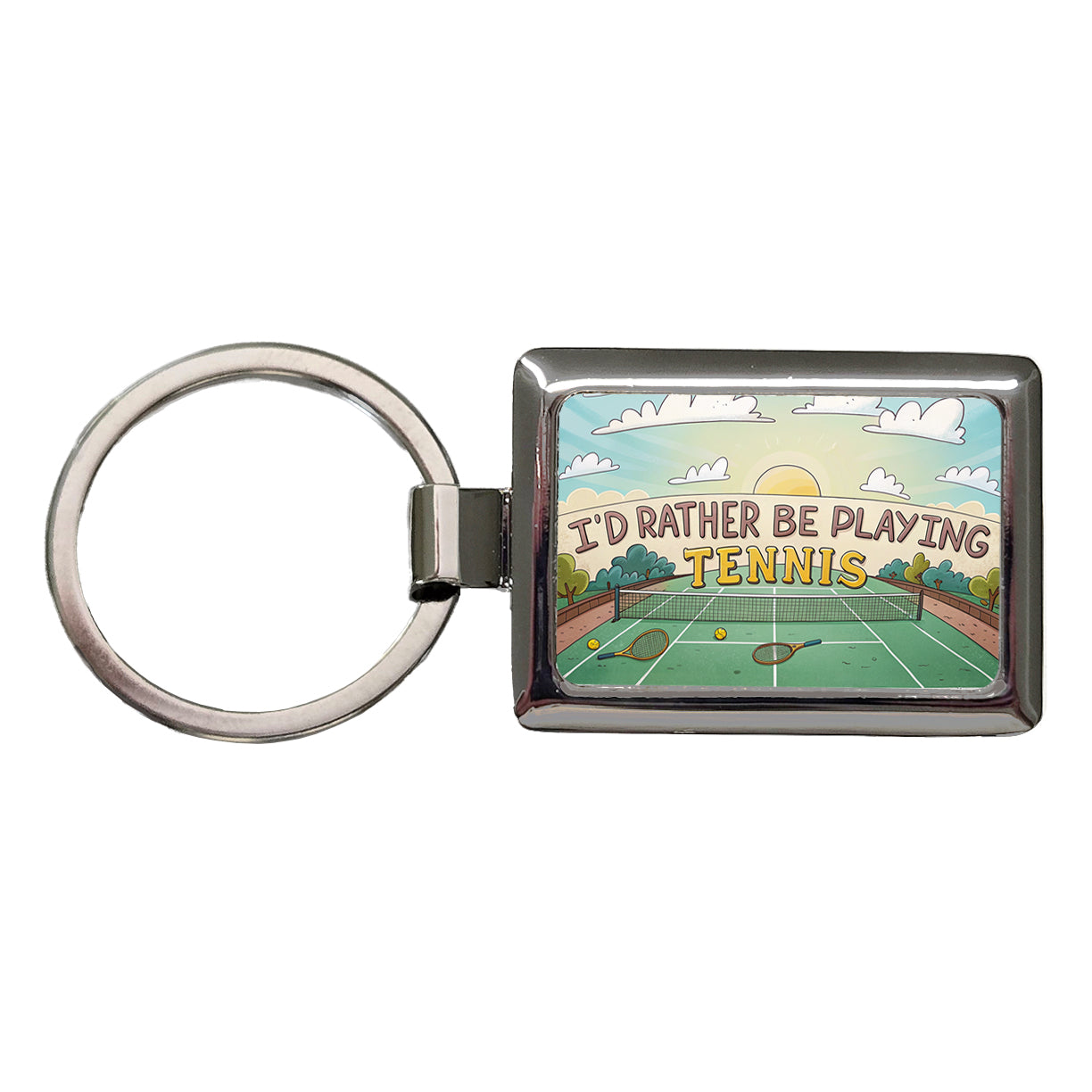 I'd Rather Be Playing Tennis Cartoon Court Rectangle Metal Keychain