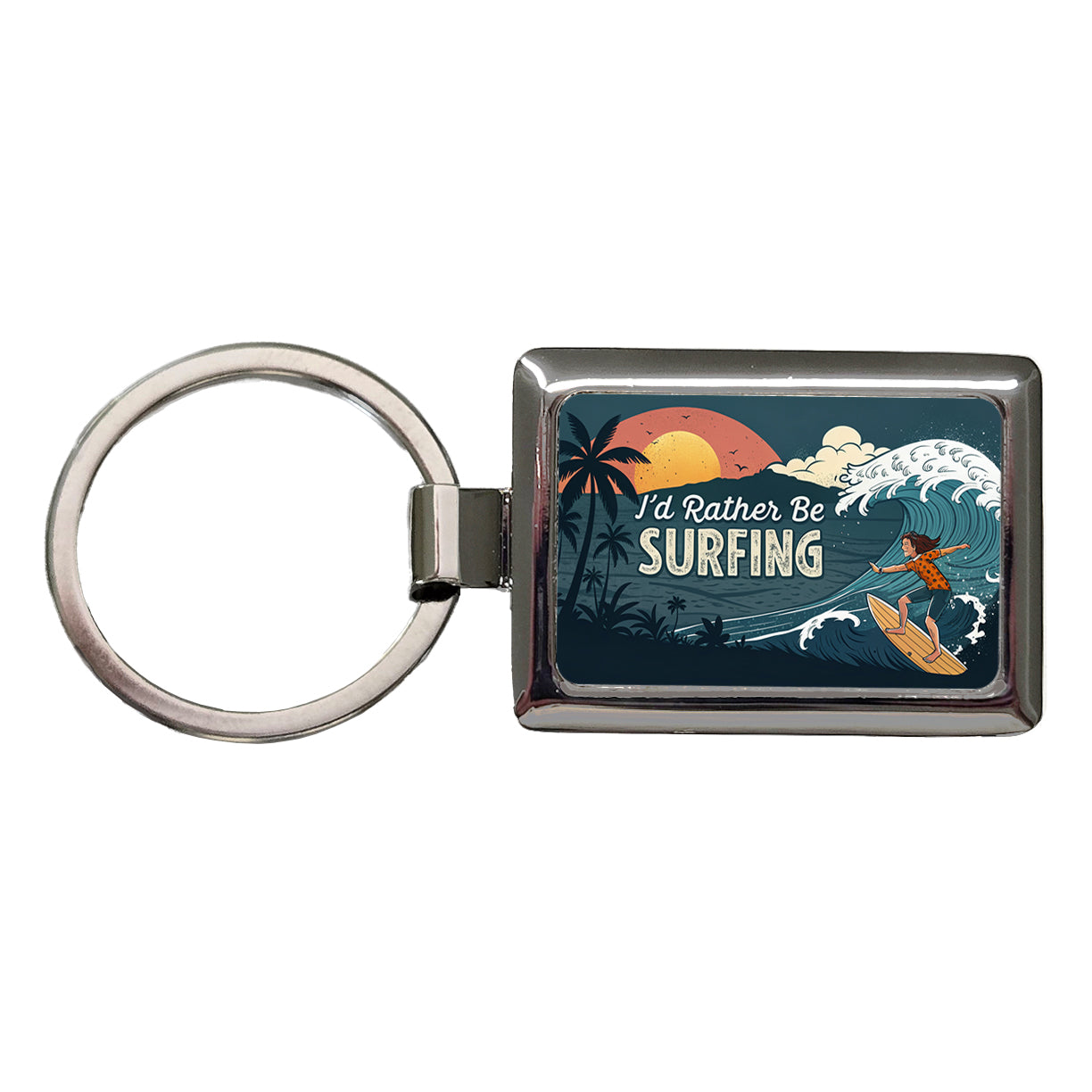 I'd Rather Be Surfing Surfer Rectangle Metal Keychain