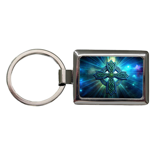 Irish Celtic Christian Cross Blue Green Rectangle Metal Keychain