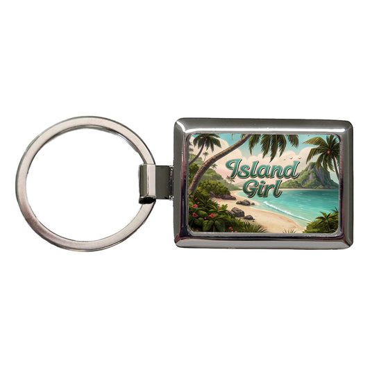 Island Girl Tropical Beach Palm Trees Rectangle Metal Keychain