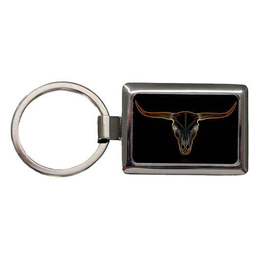 Longhorn Cattle Skull Outline Rectangle Metal Keychain