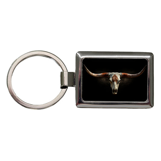 Longhorn Cattle Skull Rectangle Metal Keychain