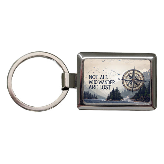Not All Who Wander Are Lost Compass Hiking Rectangle Metal Keychain