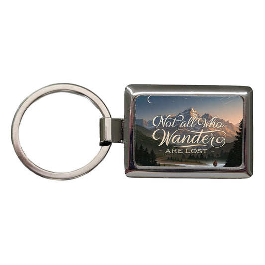 Not All Who Wander Are Lost Hiking Mountains Rectangle Metal Keychain