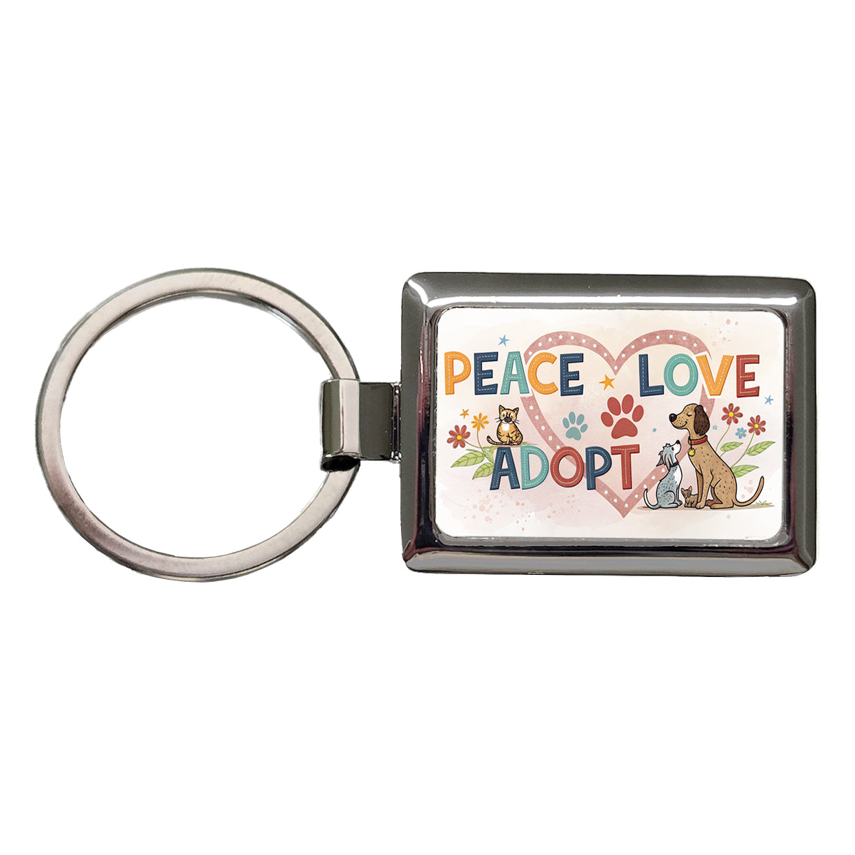 Peace Love Adopt Pet Adoption Rescue Rectangle Metal Keychain