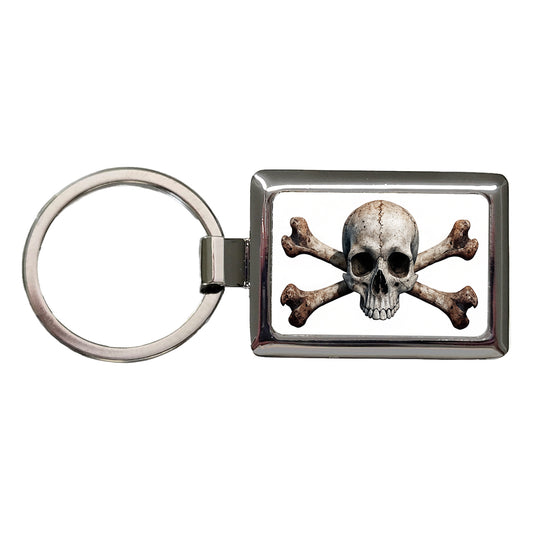 Pirate Skull And Crossbones on White Rectangle Metal Keychain