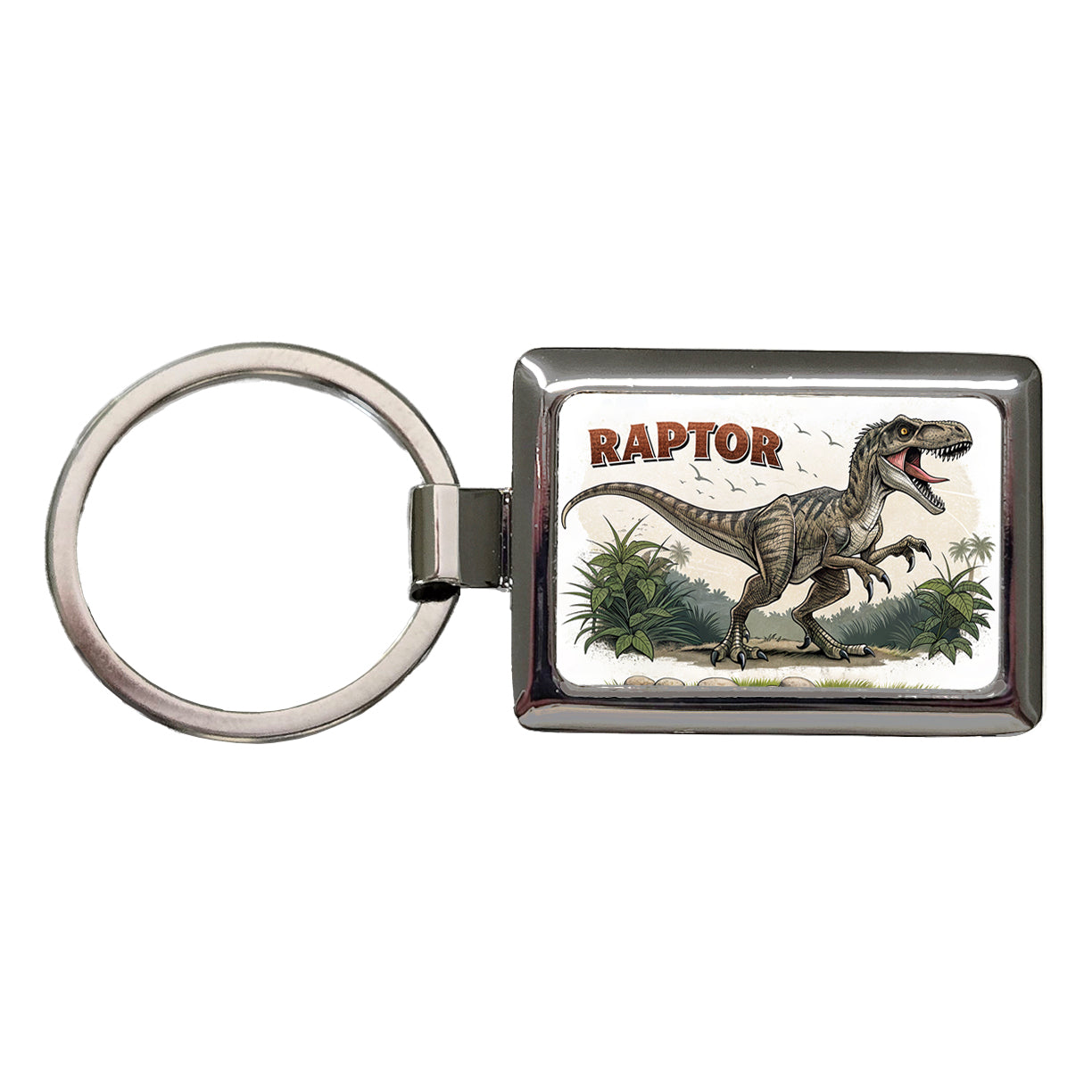 Raptor Dinosaur Cartoon Rectangle Metal Keychain