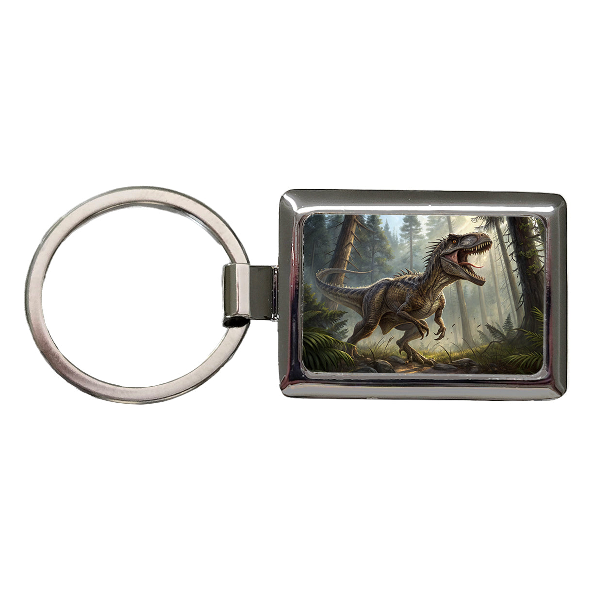Raptor Dinosaur In Forest Rectangle Metal Keychain