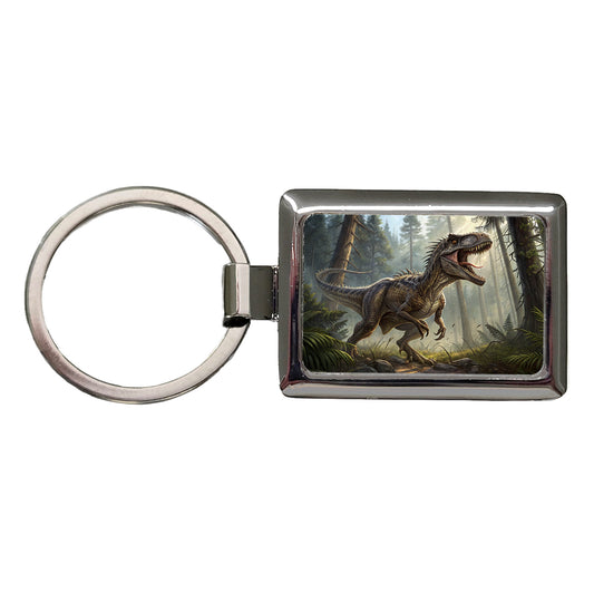 Raptor Dinosaur In Forest Rectangle Metal Keychain