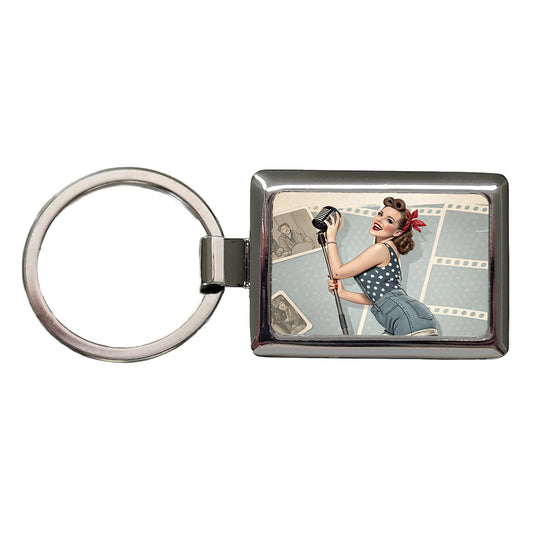 Rockabilly Retro 50's Pin-Up Girl Rectangle Metal Keychain