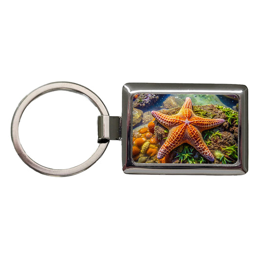 Starfish In Tide Pool Rectangle Metal Keychain
