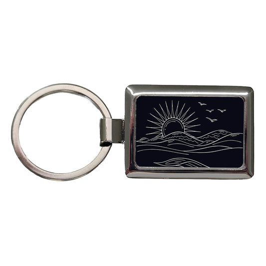 Sunrise And Ocean Wave Outline Illustration Rectangle Metal Keychain