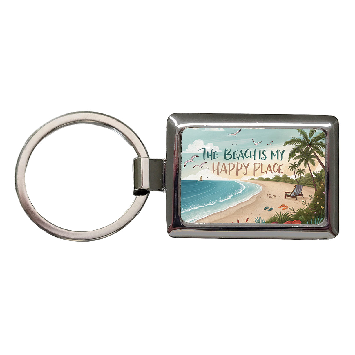 The Beach Is My Happy Place Funny Tropical Rectangle Metal Keychain