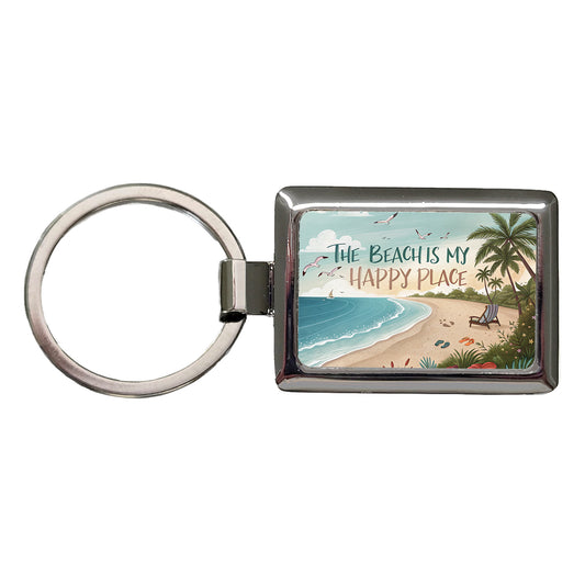 The Beach Is My Happy Place Funny Tropical Rectangle Metal Keychain