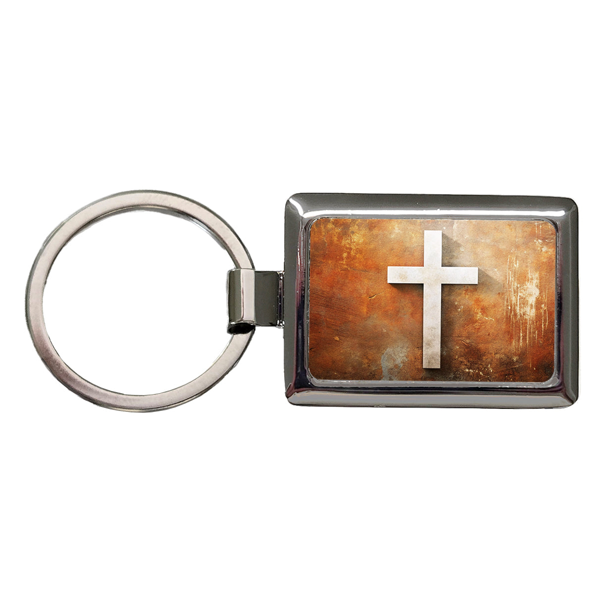 White Cross On Rusty Rustic Background Religious Rectangle Metal Keychain
