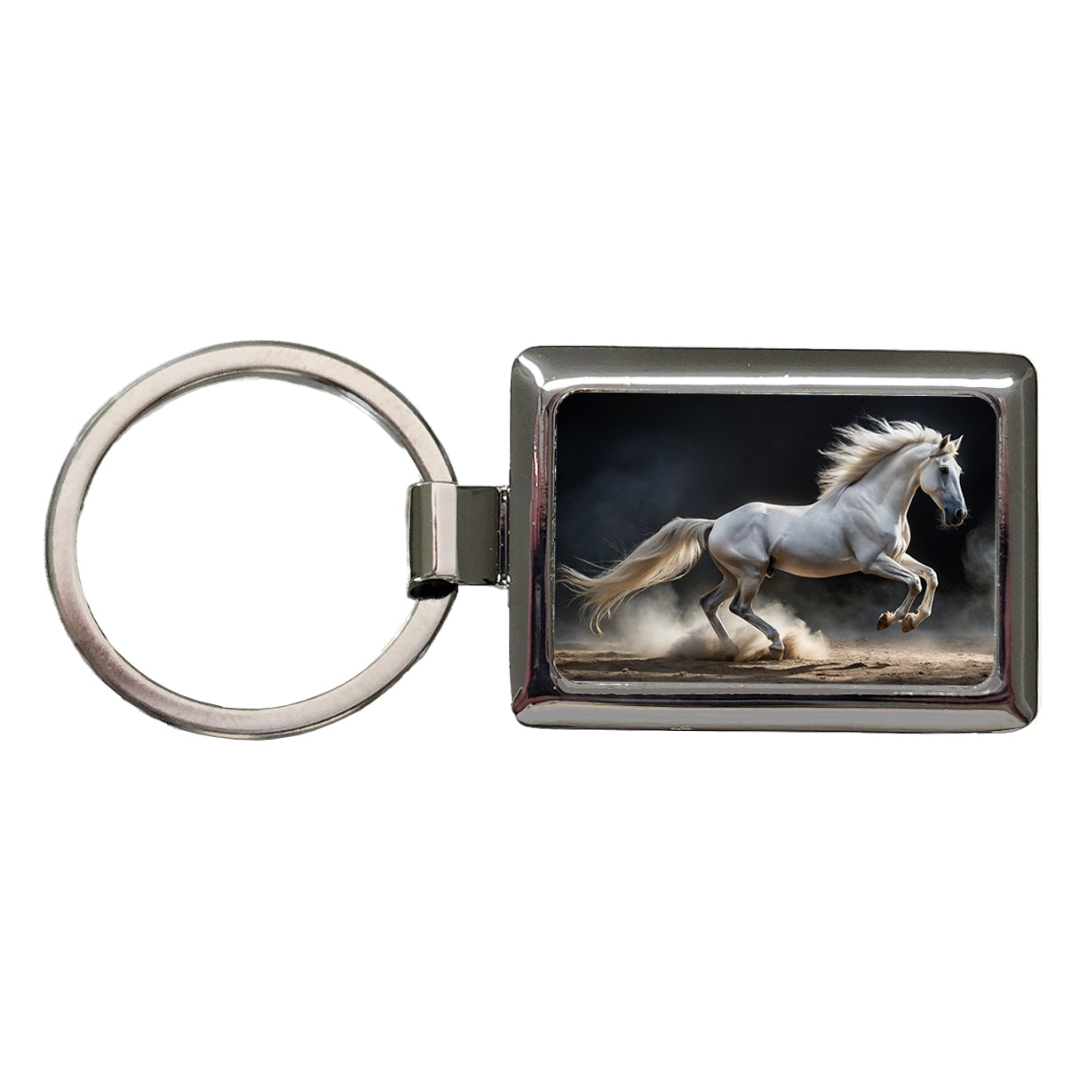 White Horse Galloping Rectangle Metal Keychain