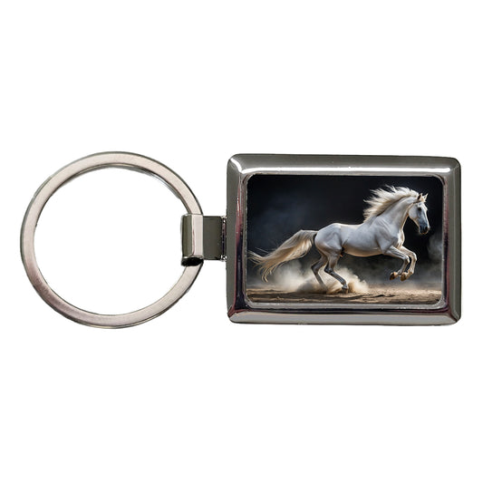 White Horse Galloping Rectangle Metal Keychain