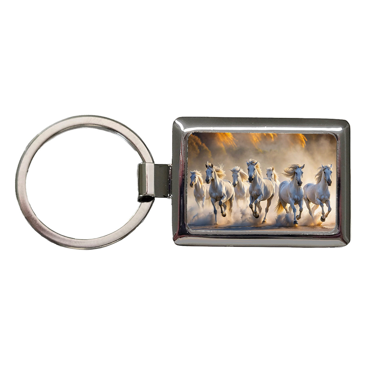 White Horses Galloping Out Of The Mist Rectangle Metal Keychain