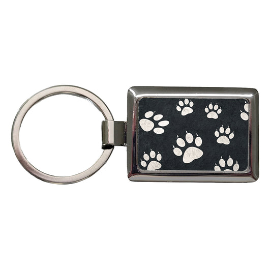 White Paw Prints On Black Pattern Rectangle Metal Keychain