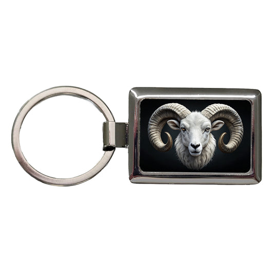 White Ram Head Rectangle Metal Keychain