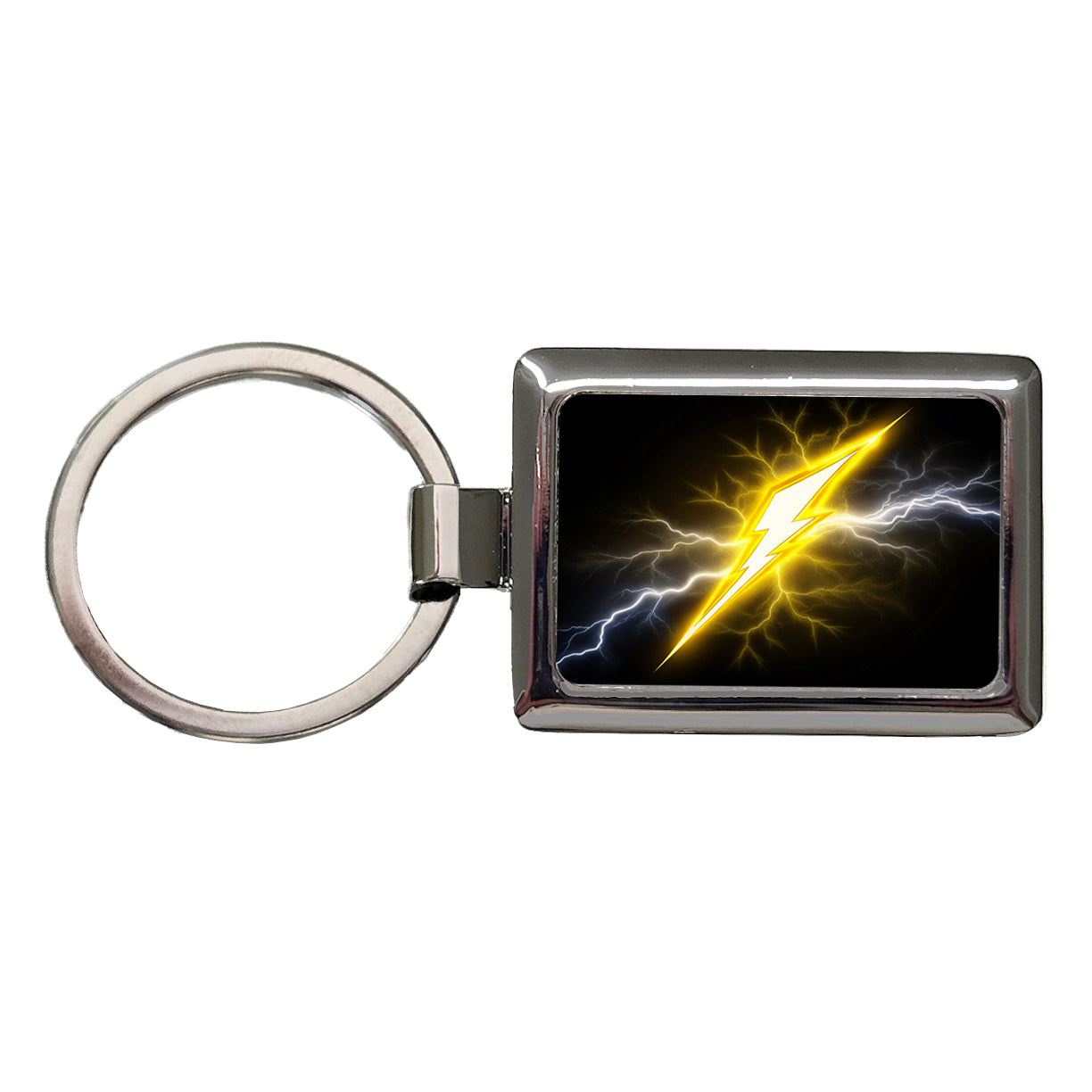 Yellow and White Lightning Bolt On Black Rectangle Metal Keychain