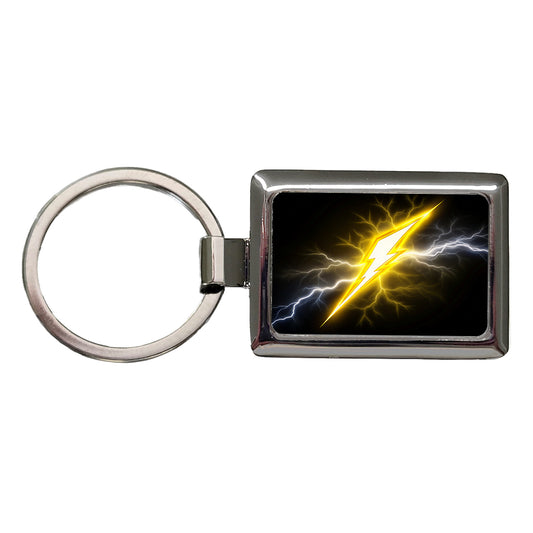Yellow and White Lightning Bolt On Black Rectangle Metal Keychain