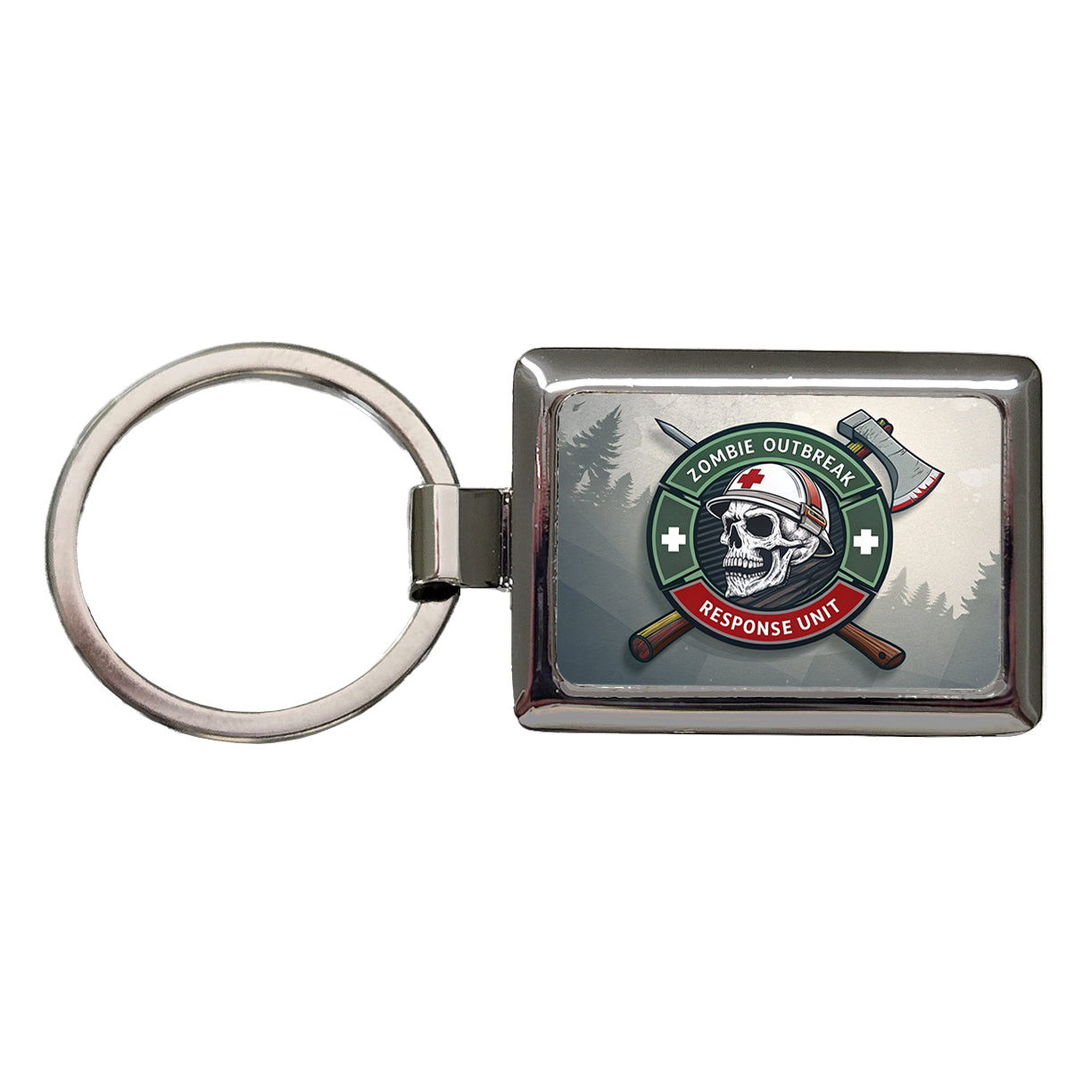 Zombie Outbreak Response Unit Skull Rectangle Metal Keychain