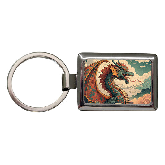 60's Style Pulp Fantasy Dragon Illustration Rectangle Metal Keychain