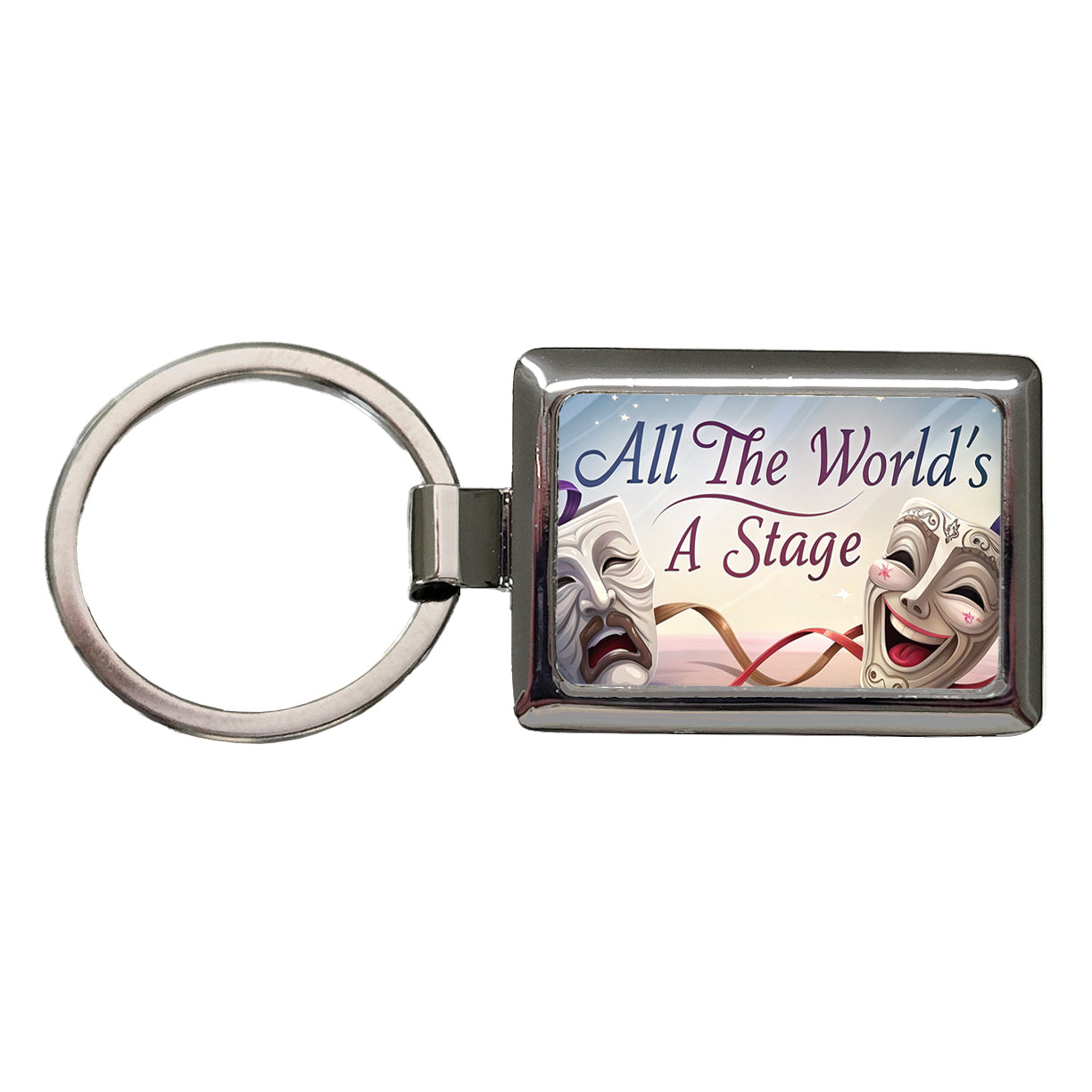 All The World's a Stage Theater Drama Masks Rectangle Metal Keychain