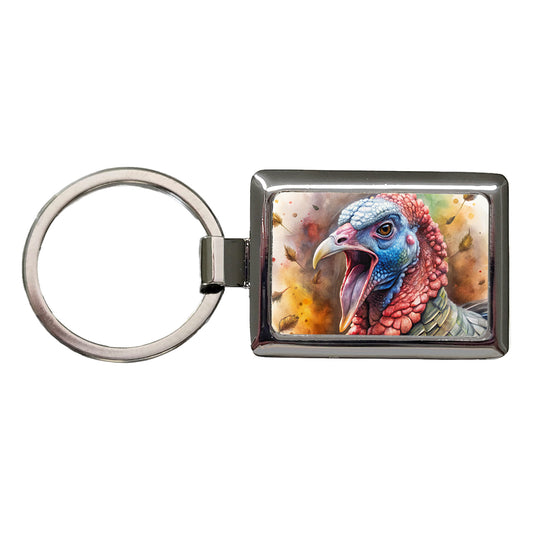 Angry Male Tom Gobbler Turkey Watercolor Rectangle Metal Keychain