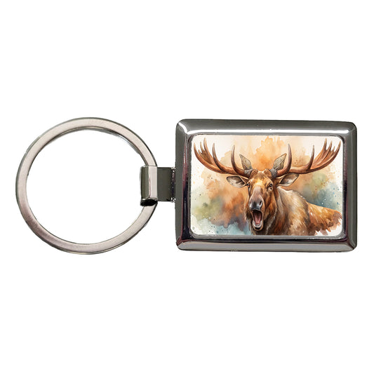 Angry Moose Watercolor Rectangle Metal Keychain