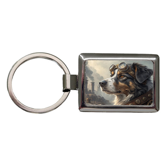 Australian Shepherd Dog Steampunk Rectangle Metal Keychain