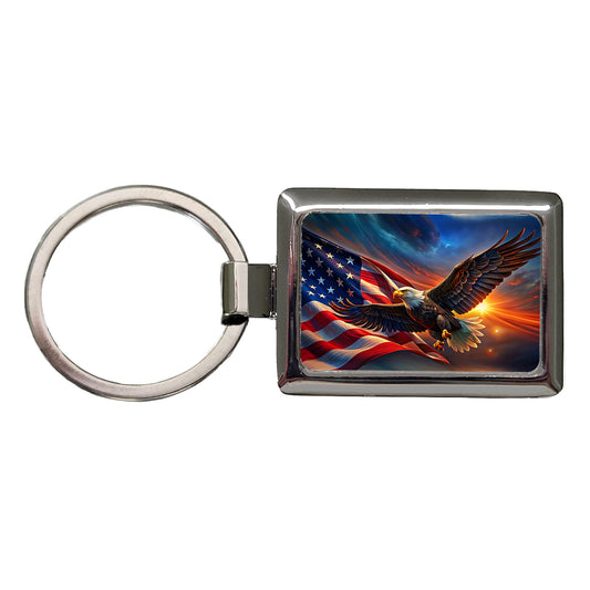 Awesome Patriotic American Flag and Flying Bald Eagle Rectangle Metal Keychain
