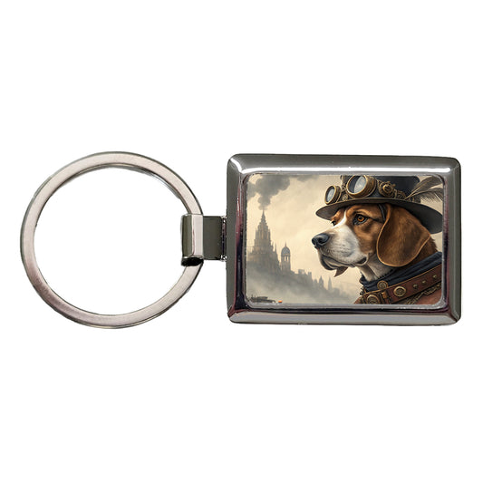 Beagle Dog Steampunk Rectangle Metal Keychain