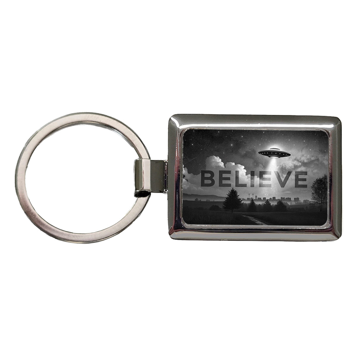 Believe UFO Sci-Fi Fantasy Rectangle Metal Keychain