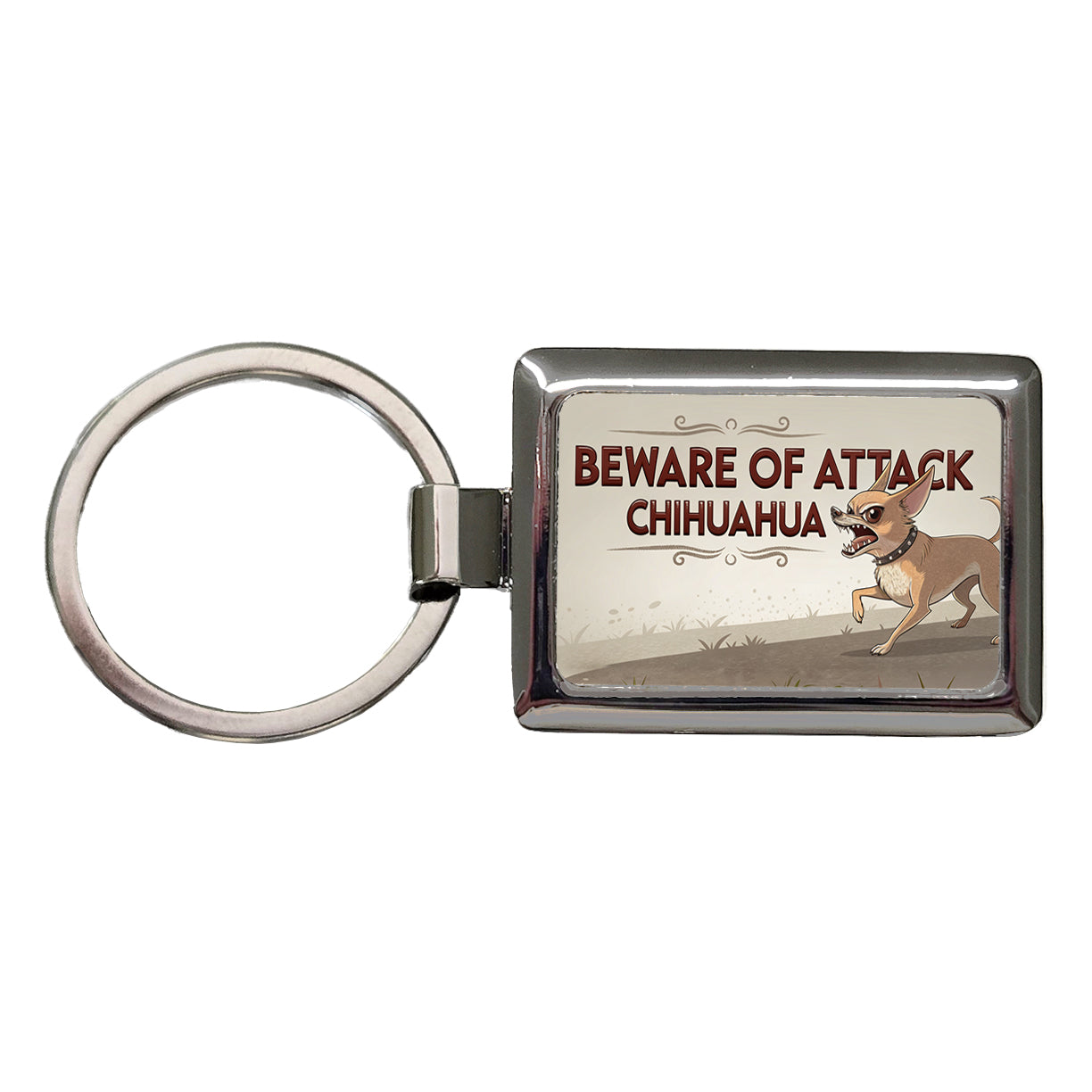 Beware Of Attack Chihuahua Dog Funny Rectangle Metal Keychain