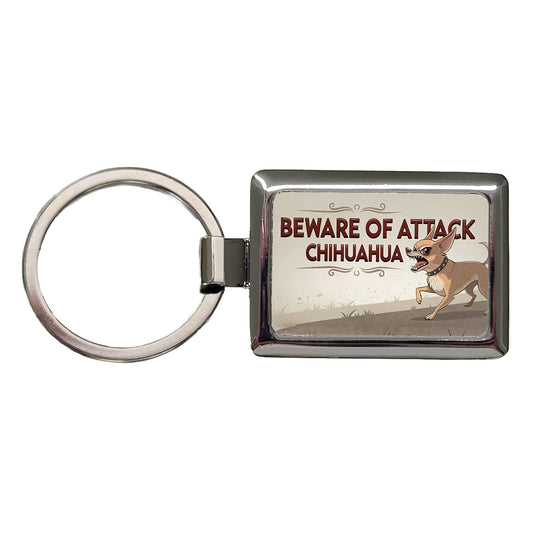 Beware Of Attack Chihuahua Dog Funny Rectangle Metal Keychain