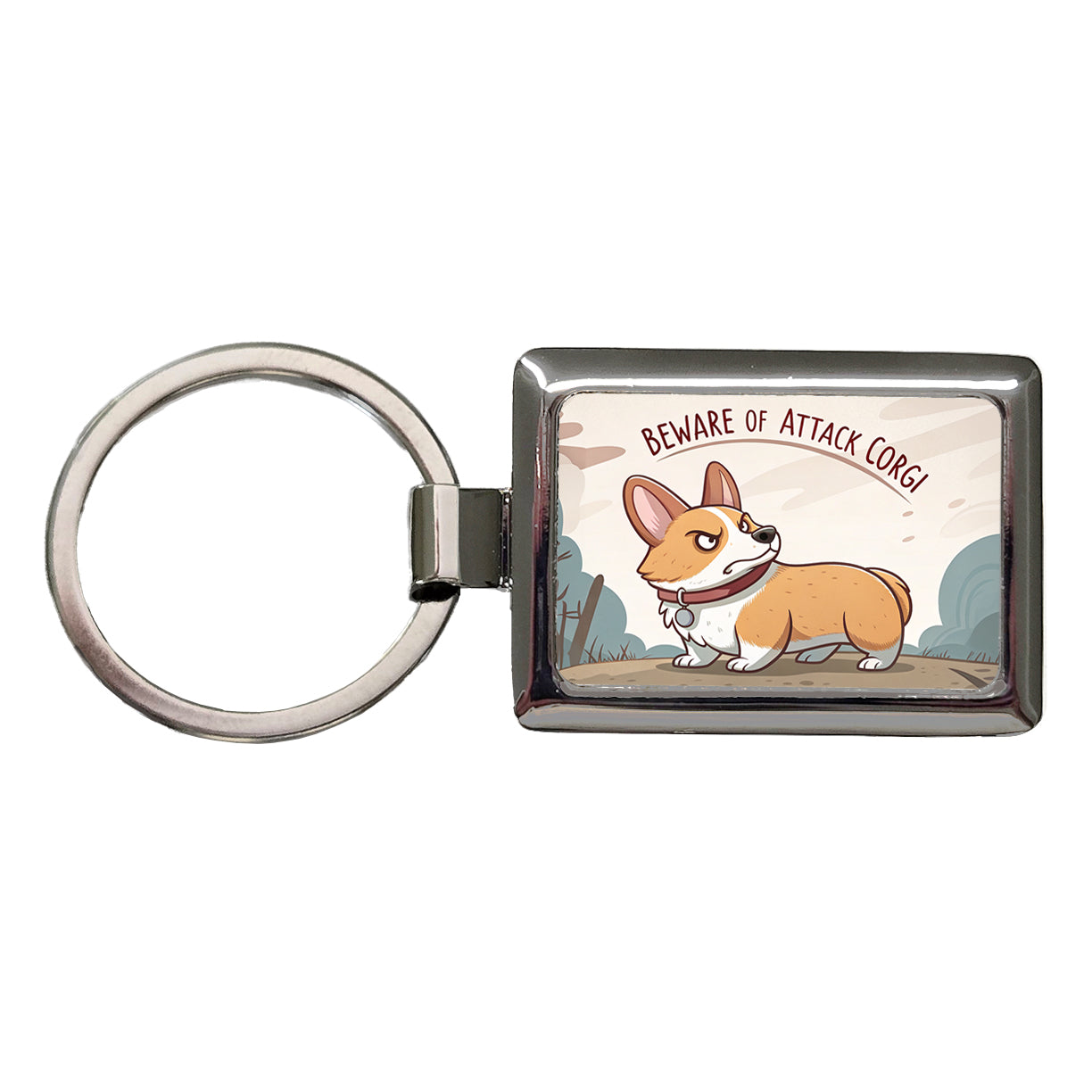 Beware Of Attack Corgi Dog Funny Rectangle Metal Keychain