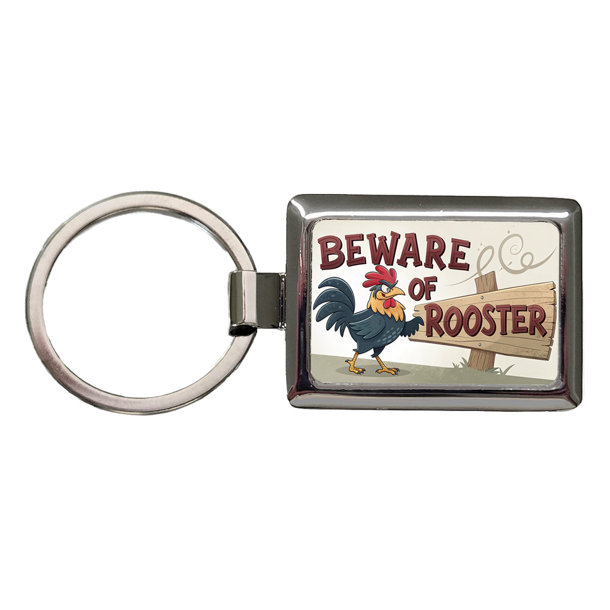 Beware Of Rooster Funny Rectangle Metal Keychain