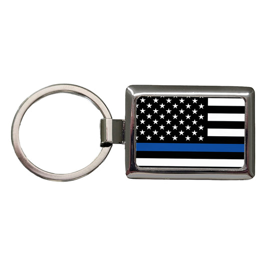 Black and White Thin Blue Line Police American Flag Rectangle Metal Keychain